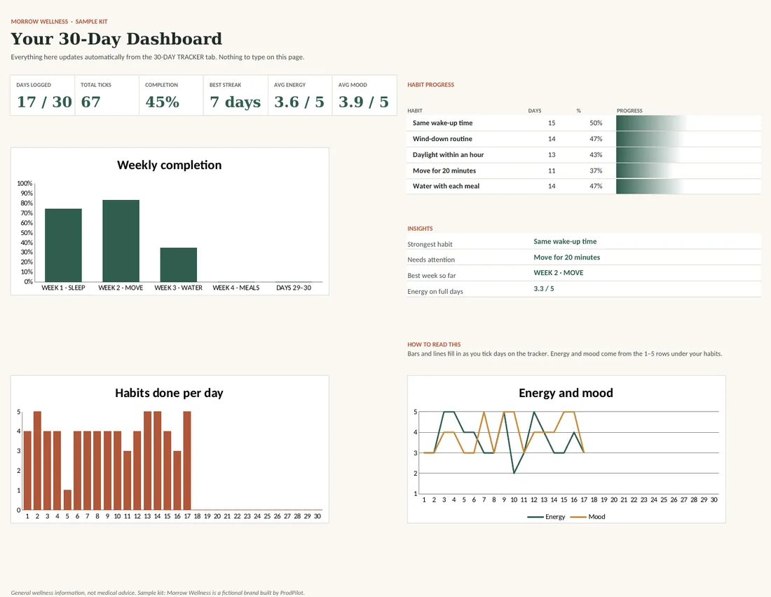 Sample kit habit tracker dashboard in Excel